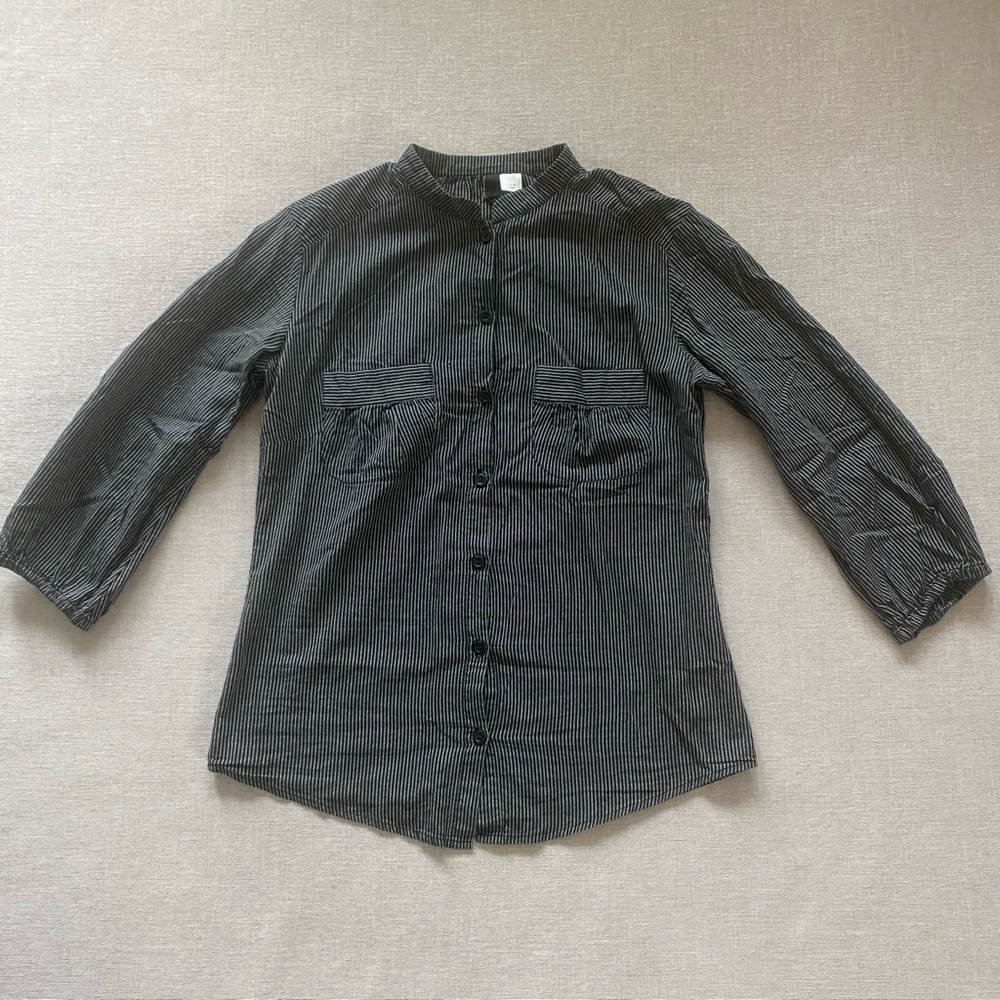 H&M black striped button up mandarin collar minimalist androgynous top.
